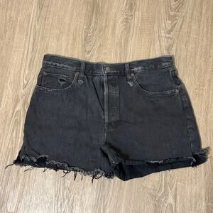 Free People We The Free Black Distressed Denim Shorts Size 31 Raw Hem Button Fly